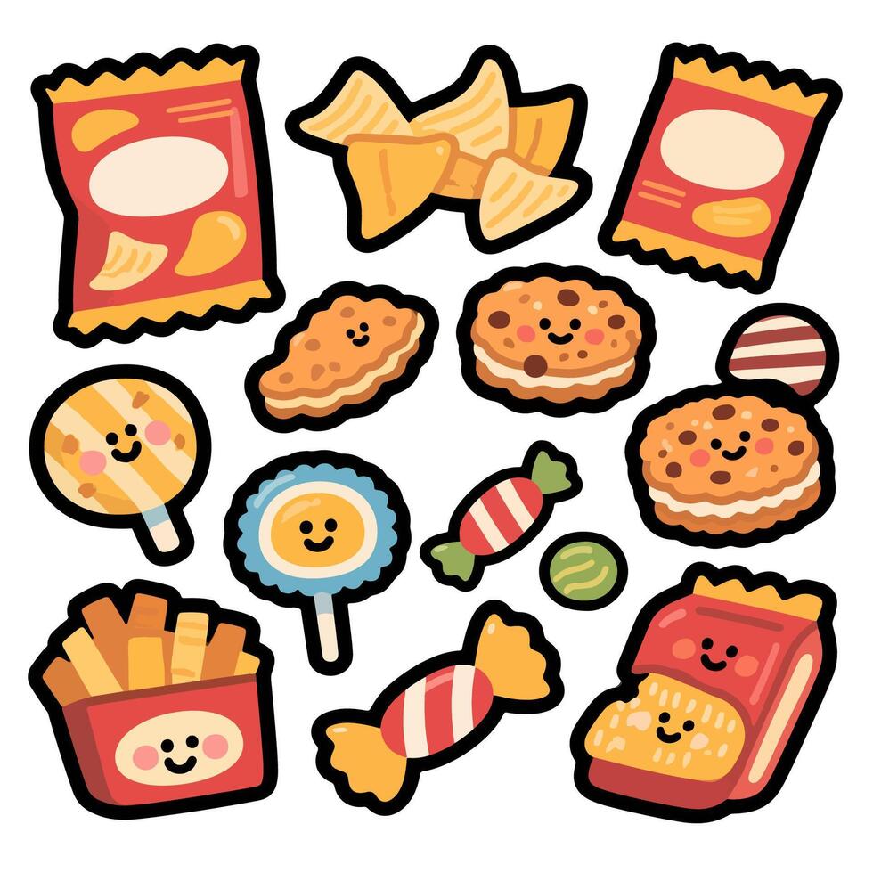 Cartoon Snacks - Chips Cookies Candy and Fries with Smiling Faces. vector