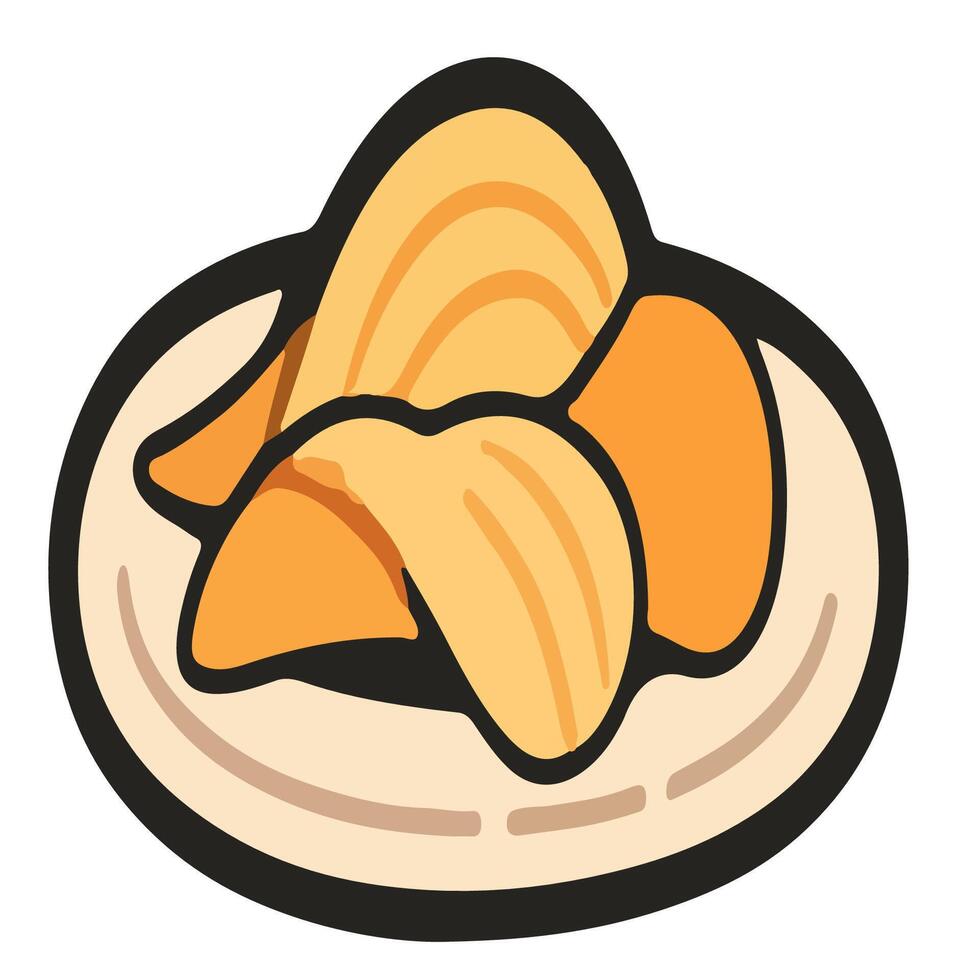 Cartoonish Plate of Crispy Potato Chips with Black Outlines. vector