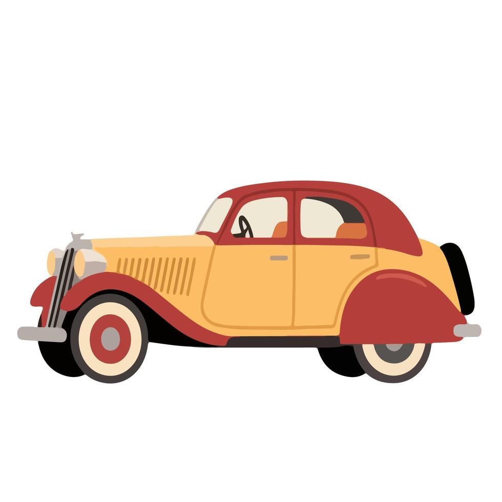 Vintage two-tone yellow and red car with spare tire side view. vector