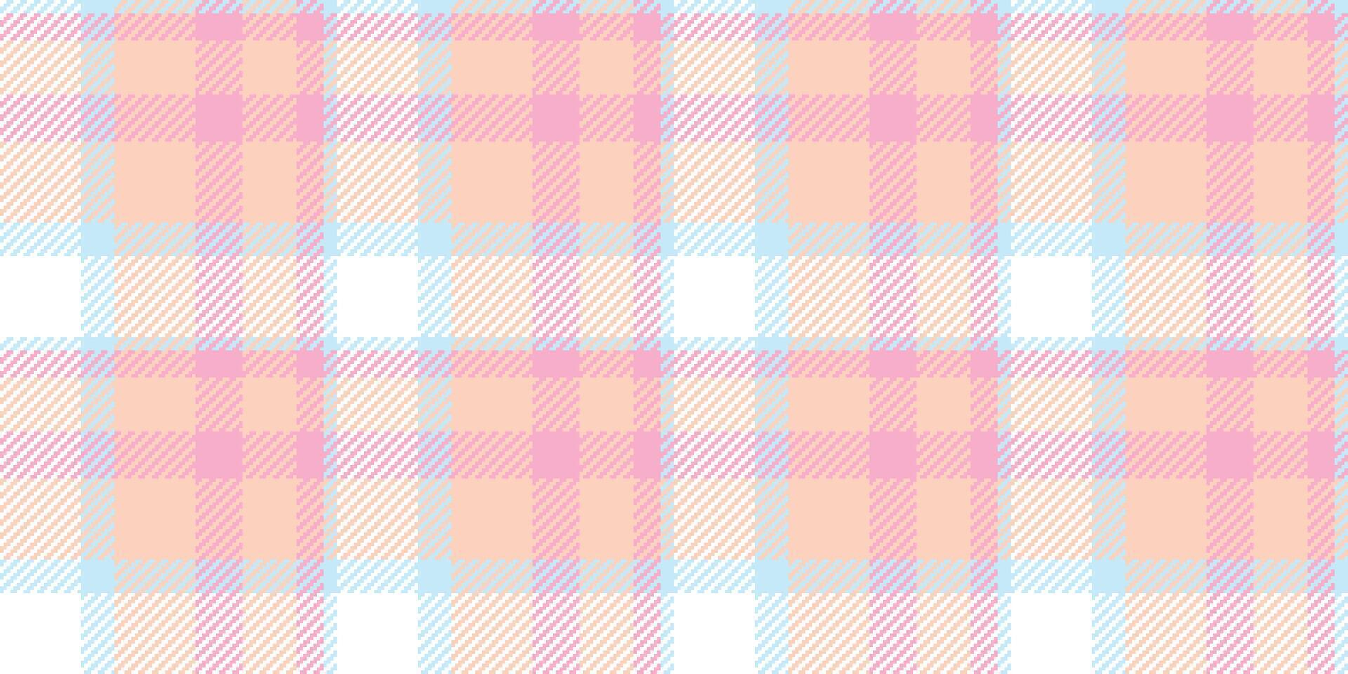 Pastel pink, peach, and light blue plaid pattern. Ideal for textile design, branding, or website backgrounds. Soft, delicate aesthetic conveys gentleness and femininity. vector
