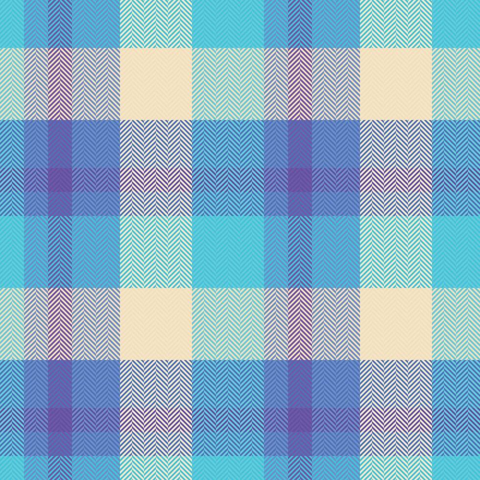 Vibrant herringbone plaid pattern in cool blues, aquas, and purples on a pale yellow background. Ideal for textile design, fashion, website backgrounds, and packaging. vector