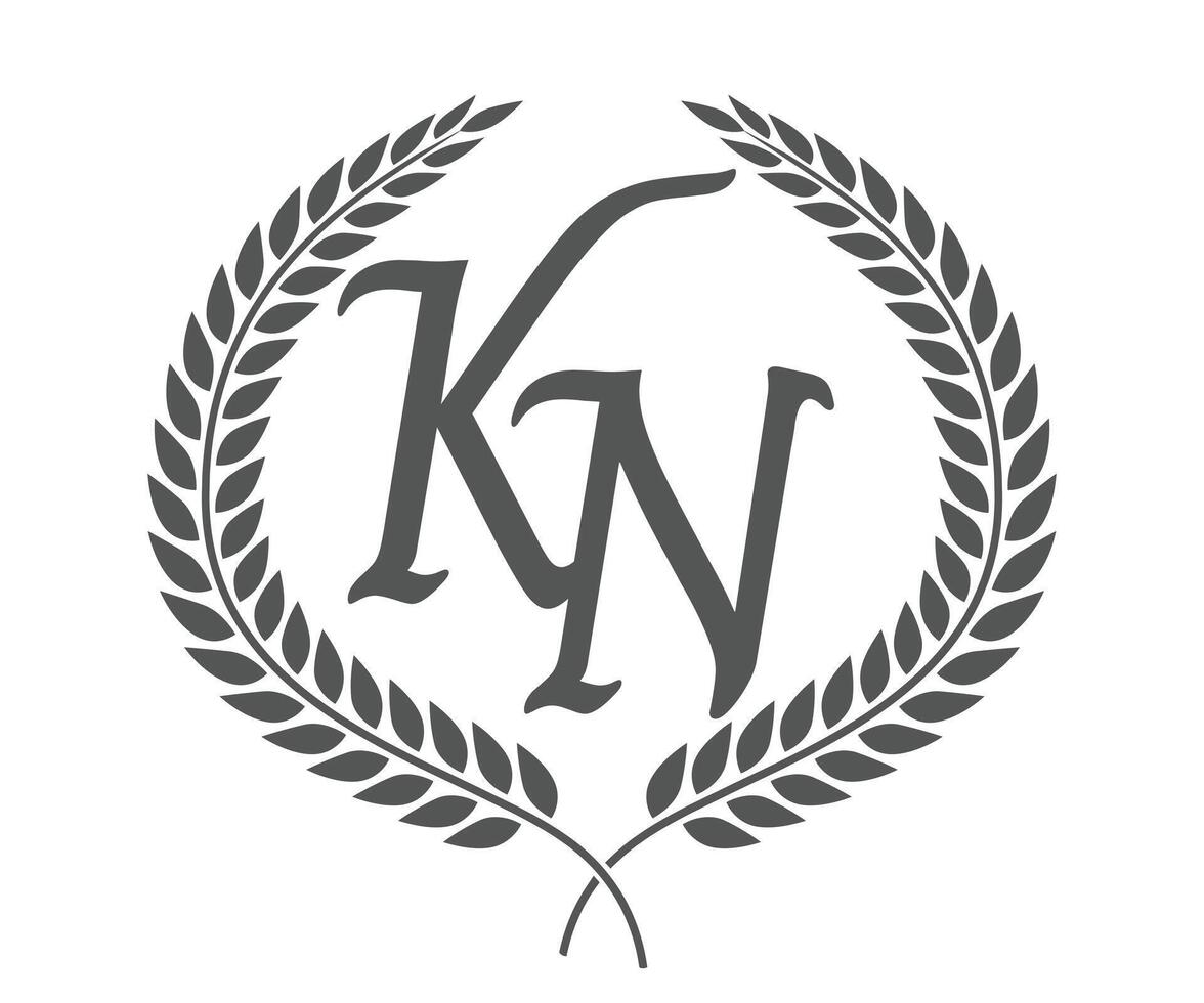 Initial letter K and N, KN monogram logo design with laurel wreath. Luxury calligraphy font. vector