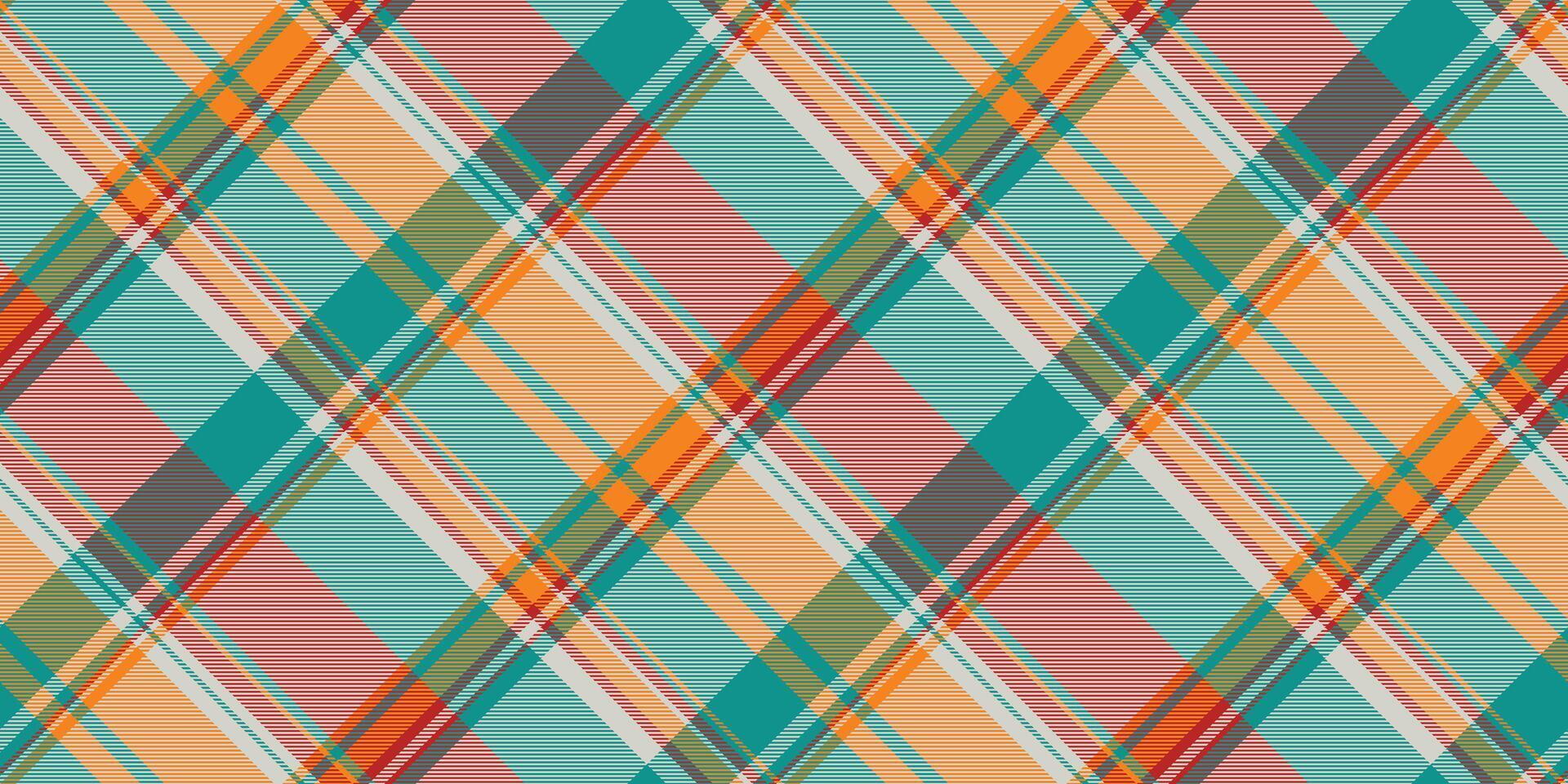 Vibrant, textured plaid pattern with intersecting stripes in turquoise, orange, and peach hues. Versatile background for fabric, design, or abstract concepts. vector