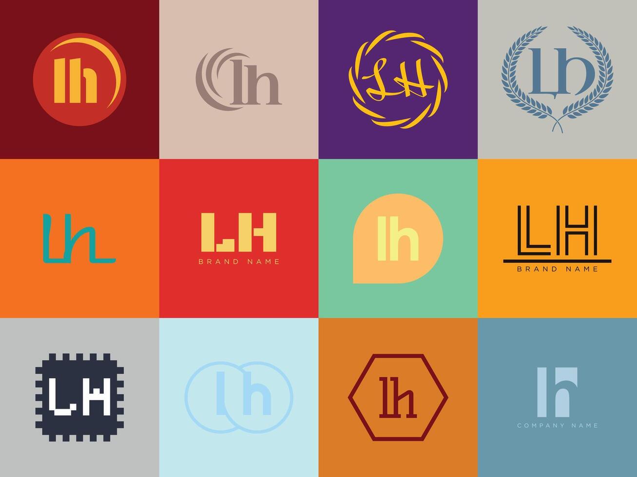 LH logo company template. Letter l and h logotype. Set different classic serif lettering and modern bold text with design elements. Initial font typography. vector
