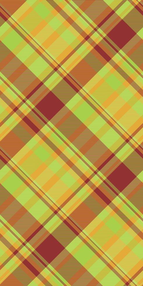 Vibrant diagonal plaid pattern in lime green, orange, and maroon. Perfect for textile design, website backgrounds, or fashion projects. vector