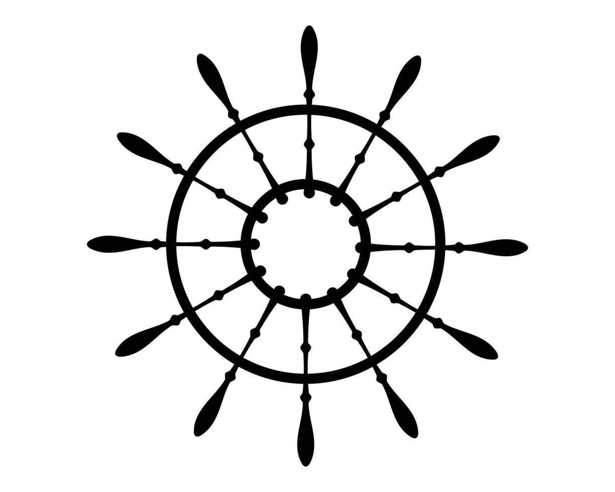 Isolated ship wheel icon. Classic nautical symbol in bold black silhouette. Steering, leadership, and adventure concept. Ideal for maritime themes. vector