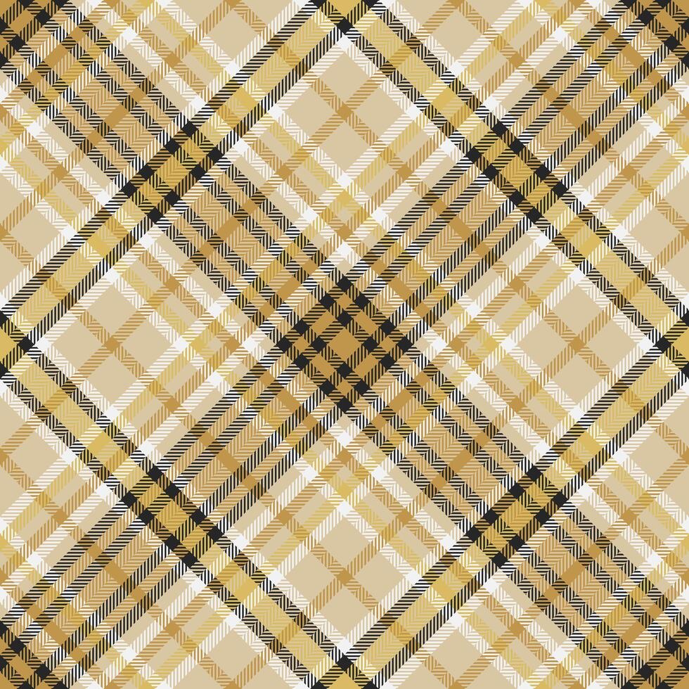Elegant seamless plaid pattern. Warm gold, beige, white, and black colors interweave, creating a timeless, cozy texture. Ideal for backgrounds, apparel, and designs. vector