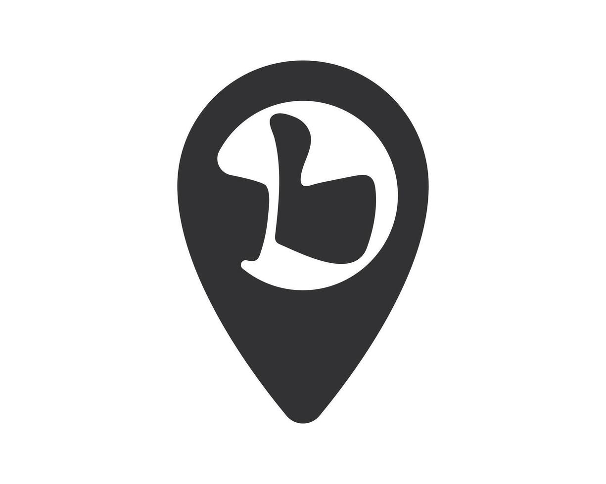 Dark grey location pointer with a thumbsup gesture inside, against a white backdrop. Simple, modern icon for feedback, satisfaction, approval, and geospatial technology concepts. vector