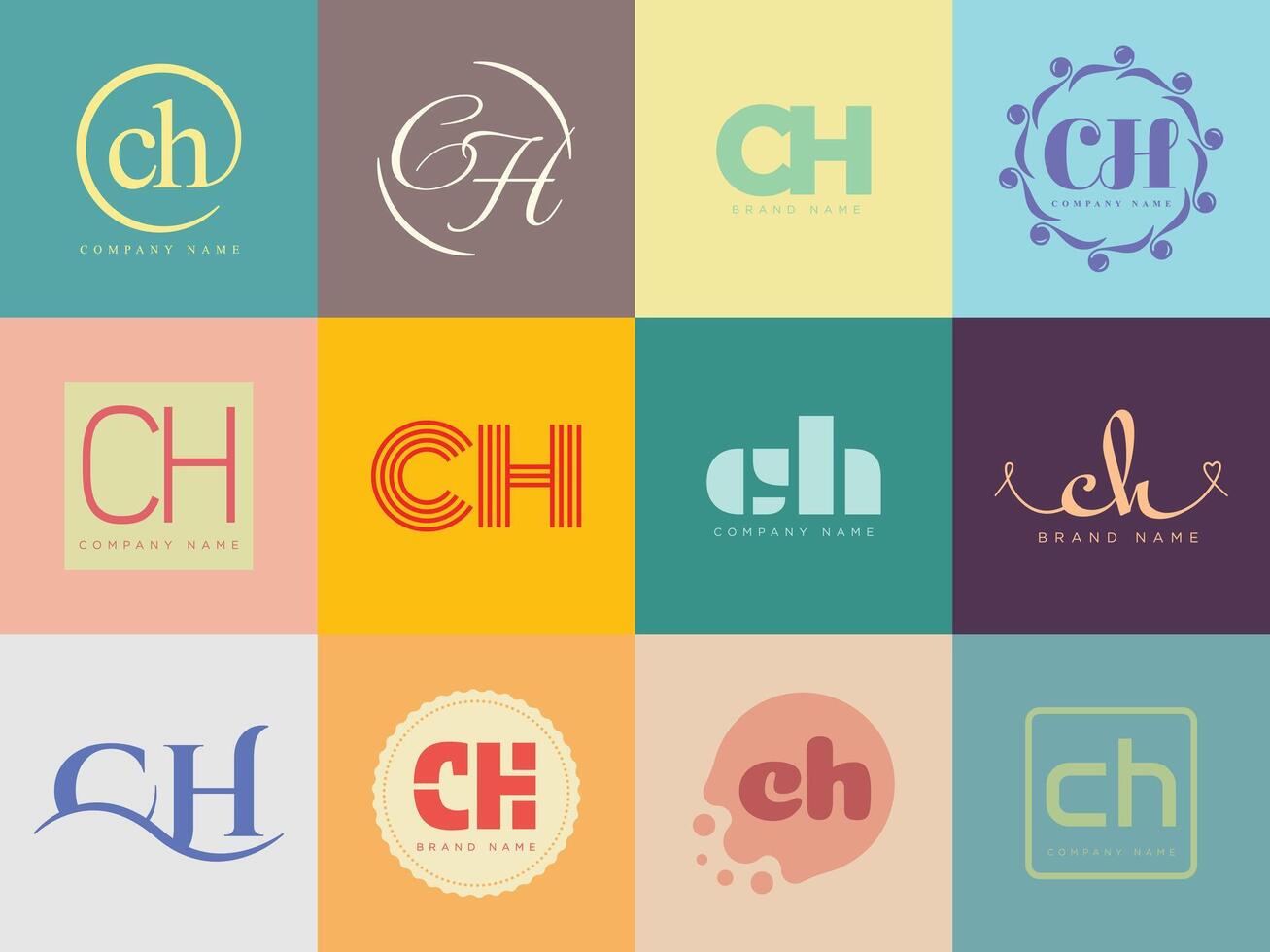 CH logo . Letter c and h logotype. Set different classic serif lettering and modern bold text with design elements. Initial font typography. vector