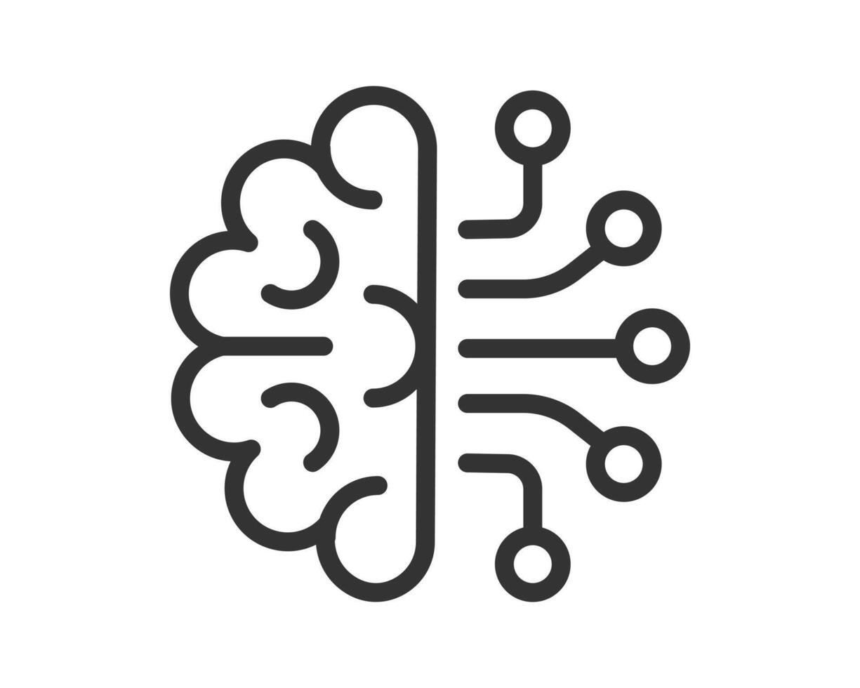 Abstract icon depicting a brain connected to circuit board elements. Minimalist design symbolizing artificial intelligence, technology, or innovation. Use for science, education, or AI concepts. vector