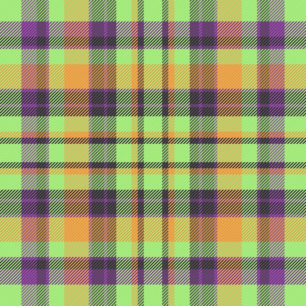 Vibrant lime green, orange, and purple plaid pattern. Perfect for textile design, website backgrounds, or fashion projects. This cheerful, repetitive texture offers a modern and stylish aesthetic. vector
