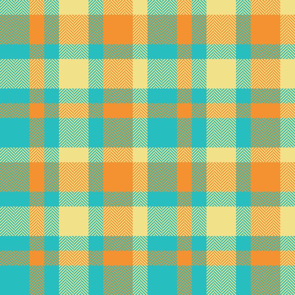 Vibrant herringbone plaid pattern in teal, orange, and pale yellow. Perfect for textile design, website backgrounds, or fashion projects. vector