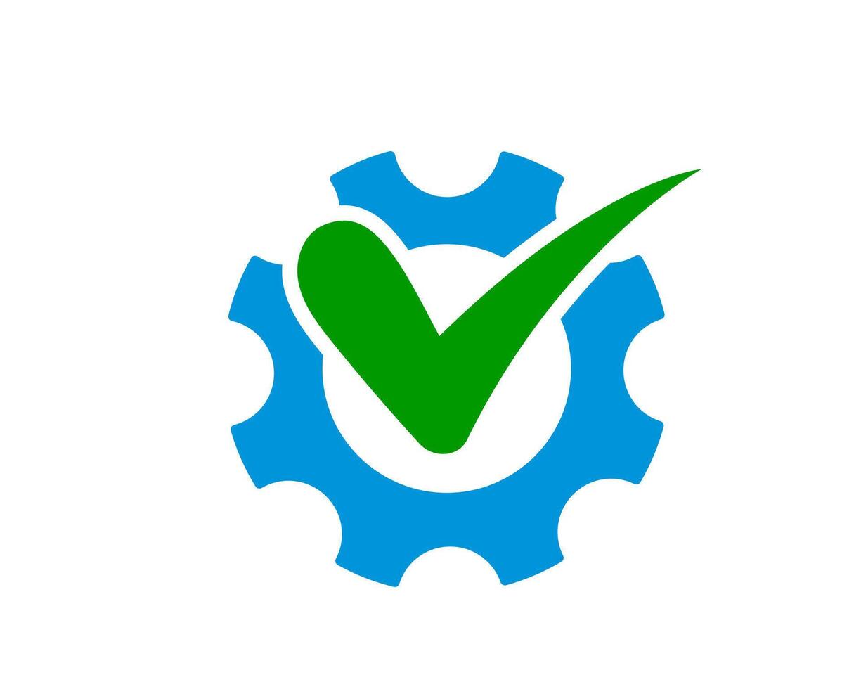 Mechanical success Gear with checkmark. Illustrates achievement, quality control, or validated systems. Great for project management, engineering software themes. vector