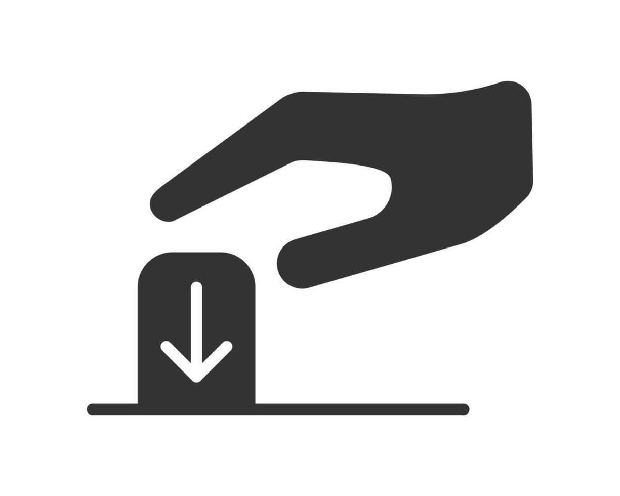 Hand activating a button with a downward arrow. Symbolizes initiation, download,submission, or process activation. Useful for web design, apps, or user interfaces. vector