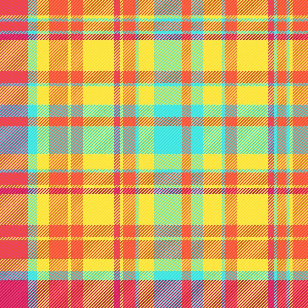 Vibrant, seamless tartan pattern with bold colors. A striking textile design, ideal for backgrounds, fashion, and design projects needing a retro or preppy aesthetic. vector