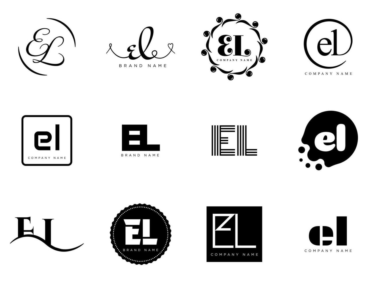 EL logo company template. Letter e and l logotype. Set different classic serif lettering and modern bold text with design elements. Initial font typography. vector