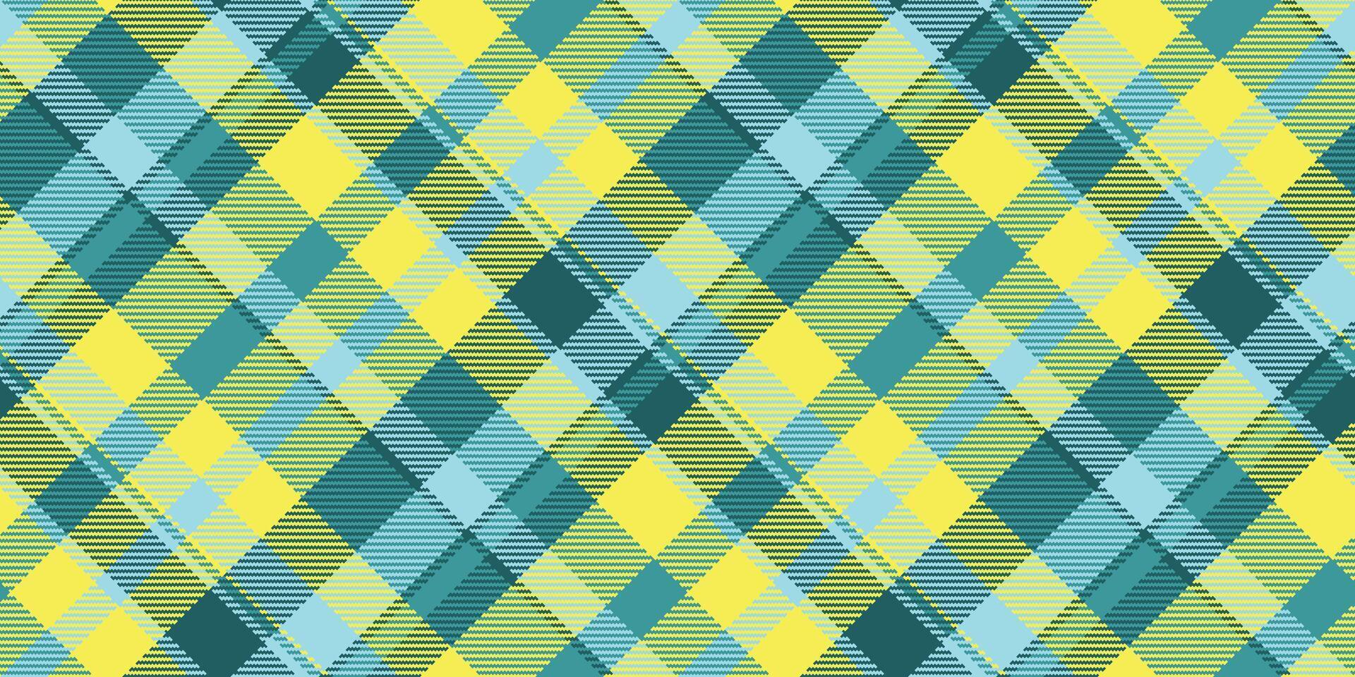 Vibrant diagonal plaid pattern in sunny yellow, teal, and light blue. Perfect for textiles, web design, or packaging. This cheerful, modern design evokes feelings of freshness and optimism. vector