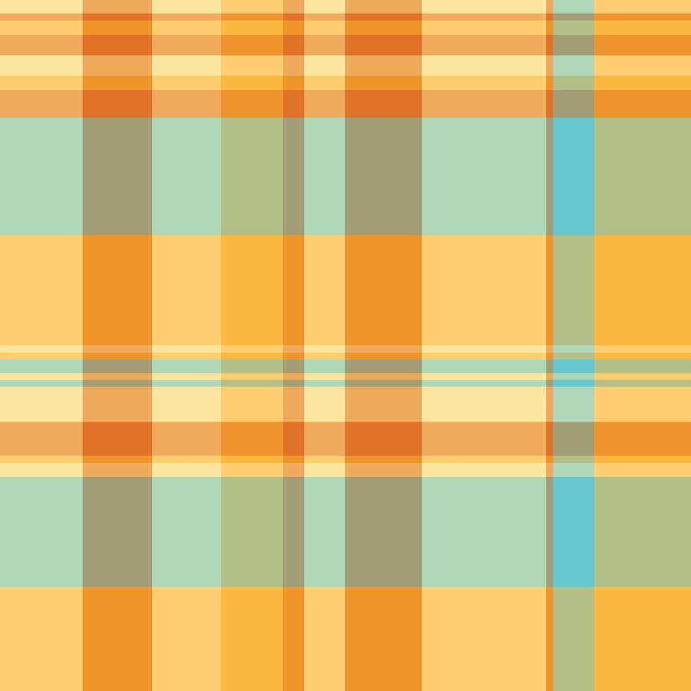Warm, inviting plaid design with soft orange, gold, and teal hues. Perfect for backgrounds, textiles, and retrothemed projects. Versatile, modern aesthetic. vector