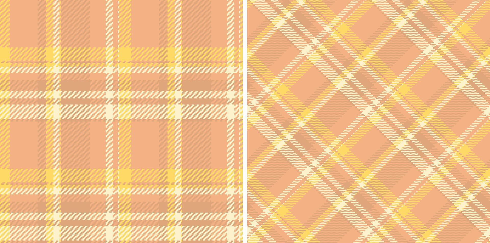 Two seamless pastel plaid patterns in peach and yellow. Perfect for textile design, website backgrounds, or fashion illustrations. These soft, warm tones evoke feelings of comfort and style. vector