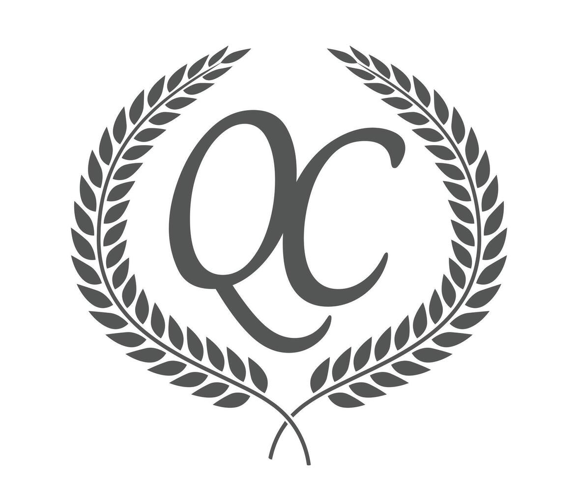 Initial letter Q and C, QC monogram logo design with laurel wreath. Luxury calligraphy font. vector