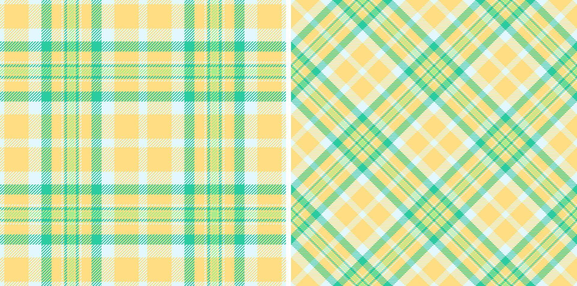 Two seamless plaid patterns. One classic, one diagonal. Pastel yellow green color scheme. Great for textiles, backgrounds, designs. Versatile eyecatching. vector