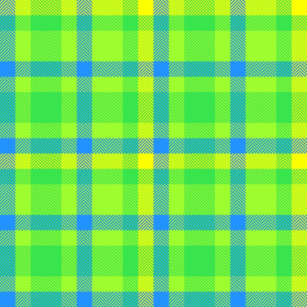 Vibrant plaid pattern with bright green, yellow, and blue hues. Textile design. Perfect for backgrounds, modern designs, and creative projects. Fresh and lively. vector
