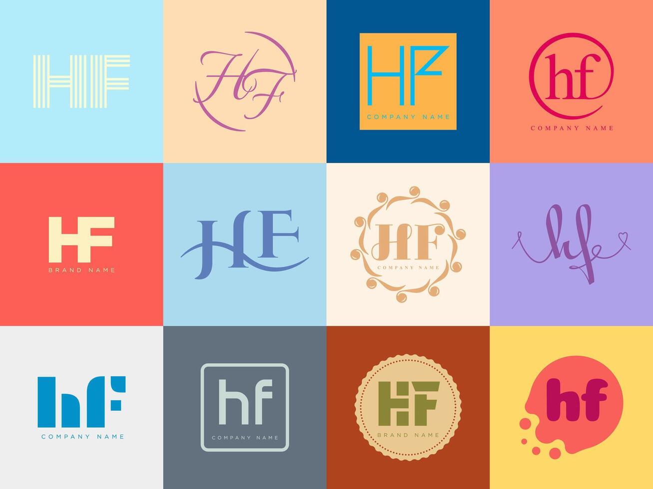 HF logo company template. Letter h and f logotype. Set different classic serif lettering and modern bold text with design elements. Initial font typography. vector