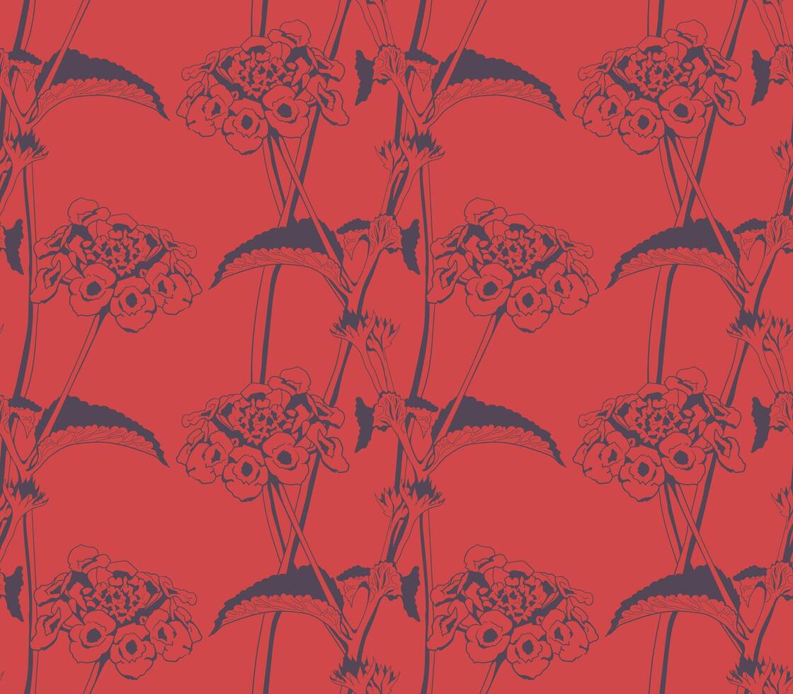 Elegant floral pattern in deep red and navy. Intricate line art depicts blooming flowers, creating a sophisticated and versatile design perfect for textile prints, wallpaper, or website backgrounds. vector