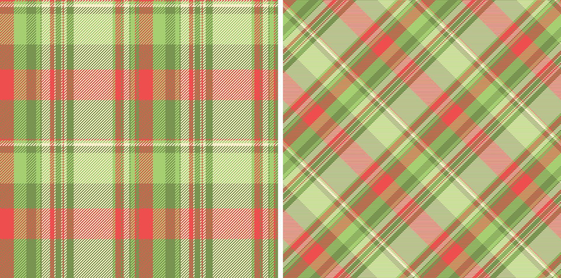 Festive plaid patterns. Two textures, angled straight, in a soft green and red palette. Perfect for holiday designs, backgrounds, crafts, textiles. vector