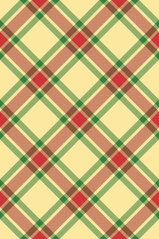 Vibrant diagonal plaid pattern in cheerful red, green, and peach hues on a pale yellow background. Perfect for textile design, wrapping paper, or festive holiday projects. vector