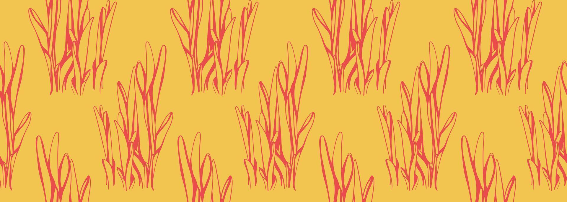Vibrant coralred stylized grass pattern on a sunny yellow background. Perfect for textile designs, wallpapers, branding, or any project needing a cheerful, summery feel. vector