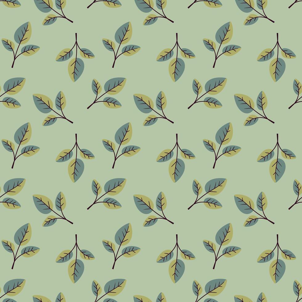 Elegant seamless pattern featuring delicate teal and olive green leaves on a soft mint background. vector