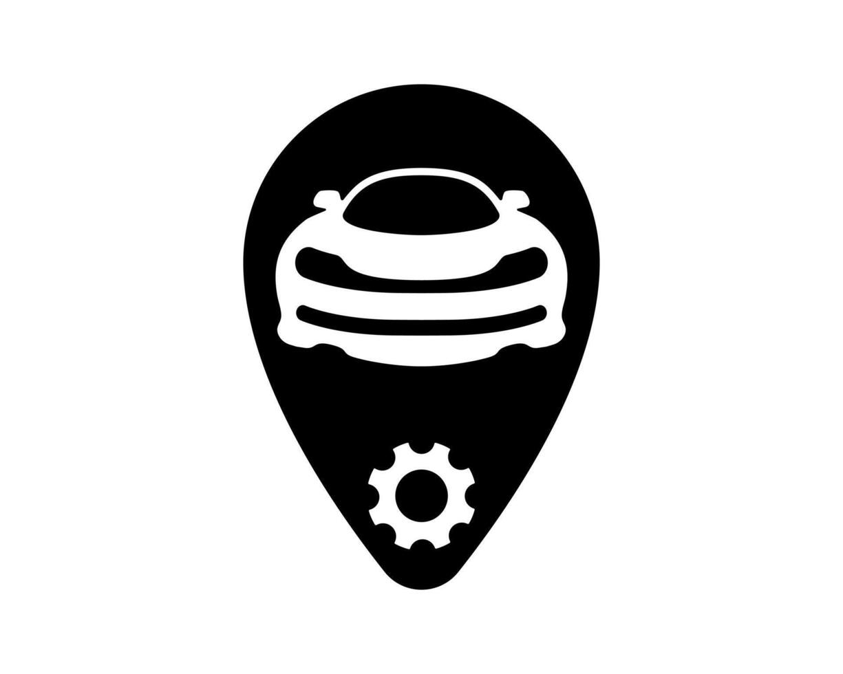 Sleek, minimalist icon featuring a car within a map pin, combined with a gear. Symbolizes automotive services, car repair location, or vehicle technology. Adaptable for app UI. vector