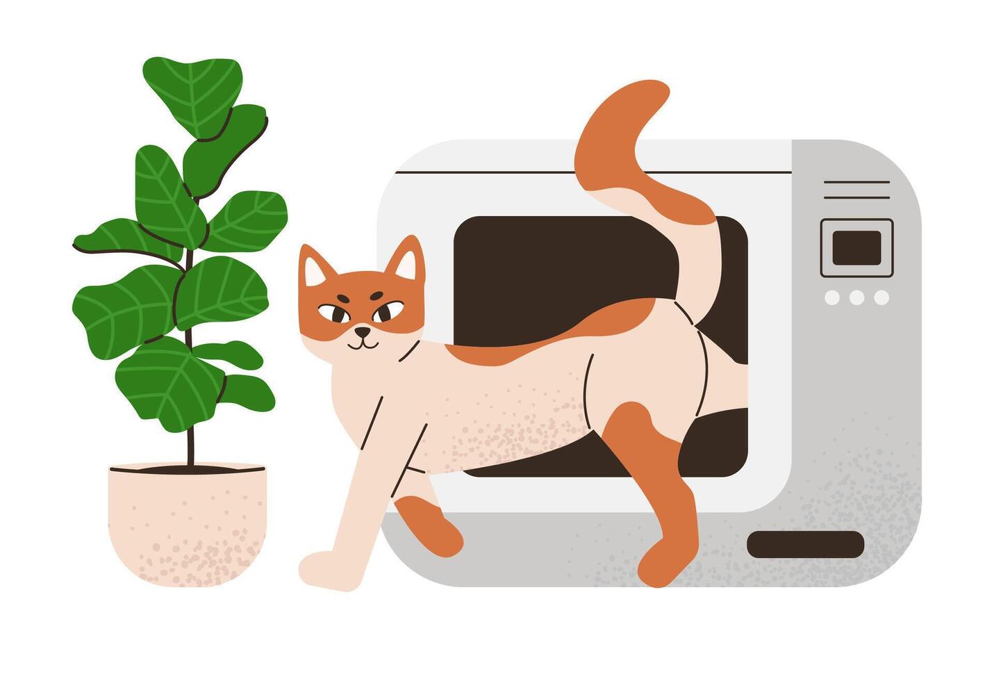 Cat comes out of smart toilet. Enclosed automatic self cleaning cat litter box. Pet with electronic device. Flat illustration isolated on white background. vector