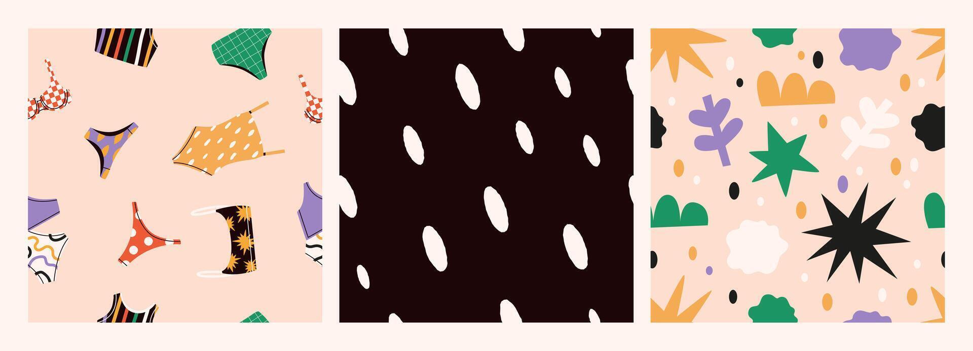 Summer seamless pattern set. Backgrounds with colorful bikini, swimsuit, abstract shapes, polka dot. Flat illustration in retro style. vector