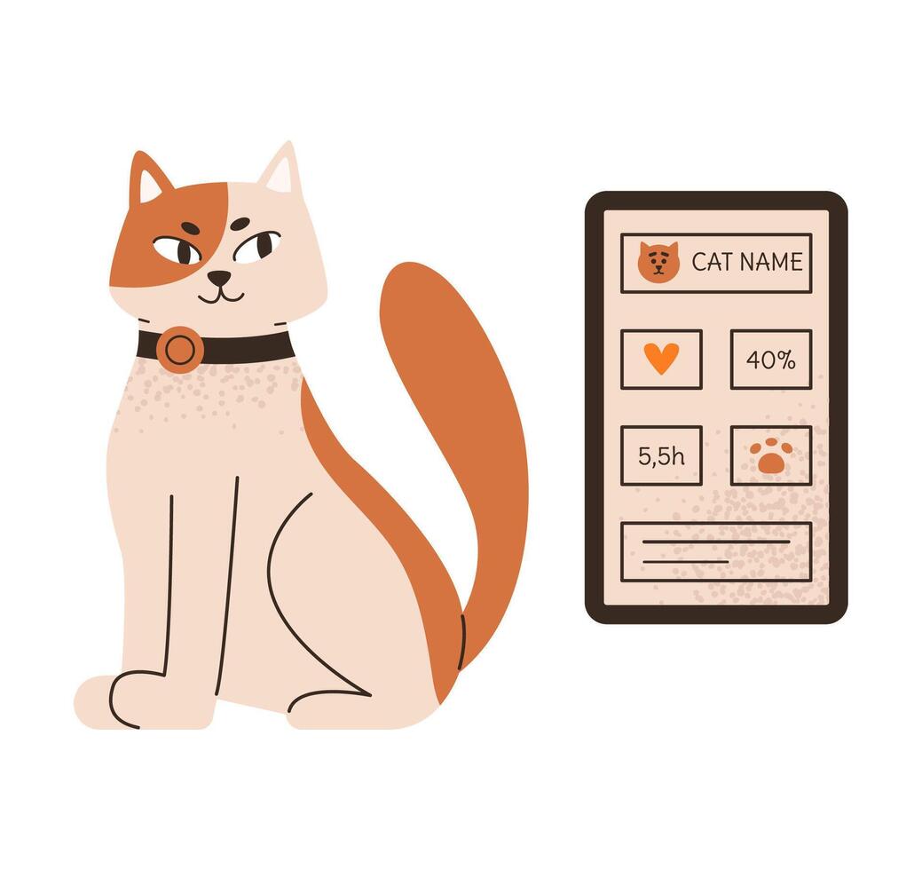 Cat in health tracker. Smart cat collar for indoor cats. Wellness alerts, real time monitoring. Flat illustration isolated on white background. vector