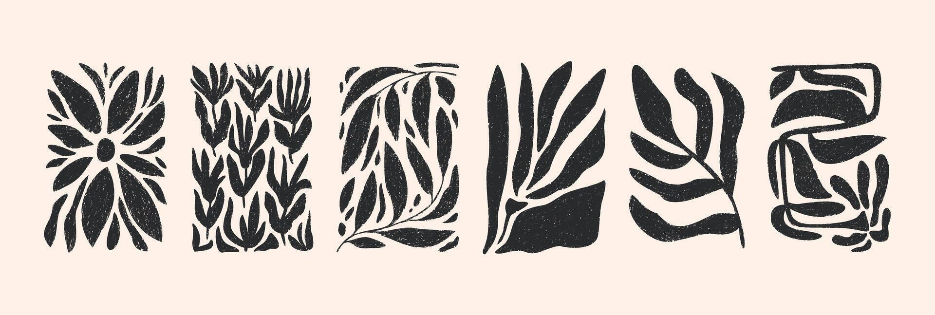 Abstract Matisse floral set. Modern botanical posters in contemporary minimal style with charcoal or pencil texture. Trendy groovy illustration in black color. vector
