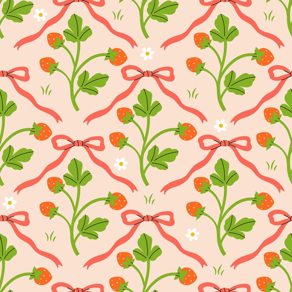 strawberry pattern with ribbons and greenery vector