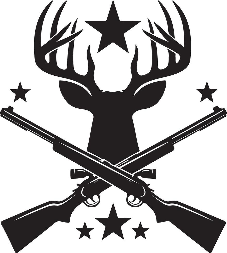 Print Hunting Rifle and Antlers Crossed with Stars Above Silhouette vector