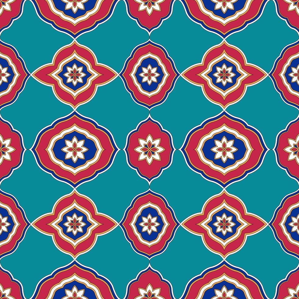 Seamless Mughal Pattern Traditional Indian Floral Design Teal Background Red Blue White Repeat vector