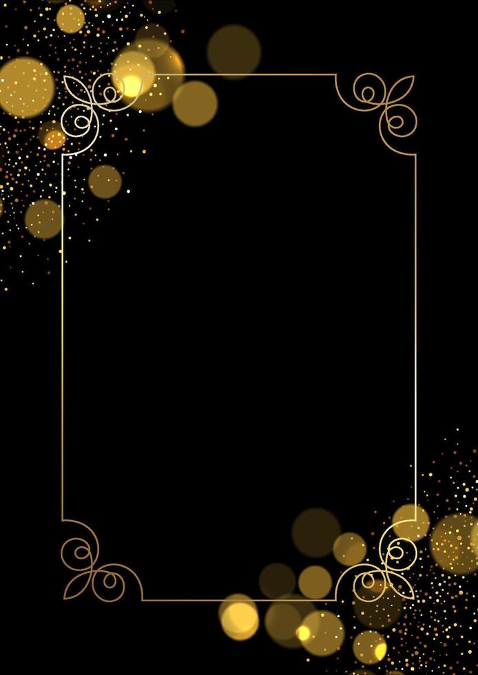 Elegant background with gold frame, glitter and bokeh lights design vector