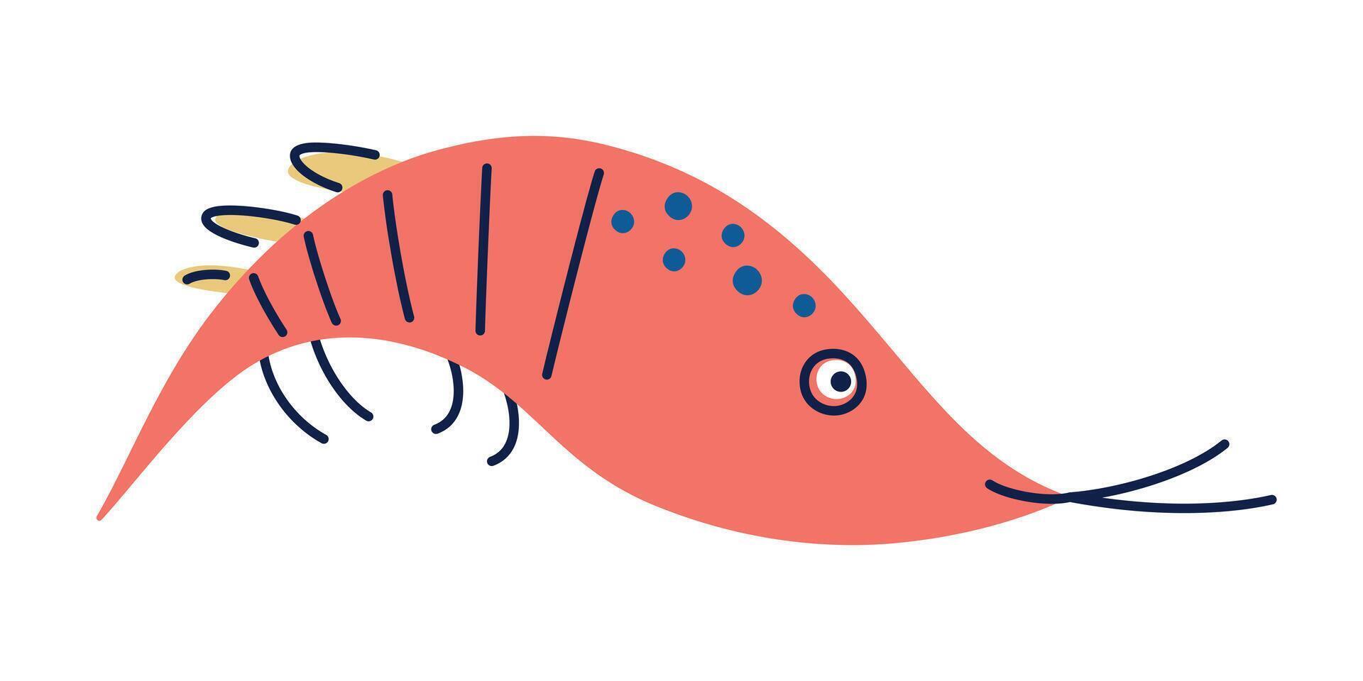 Flat cartoon illustration of cute shrimp character with smiling face. Bright marine animal in playful kids style for childrens products, seafood themes, educational materials, nursery decor vector