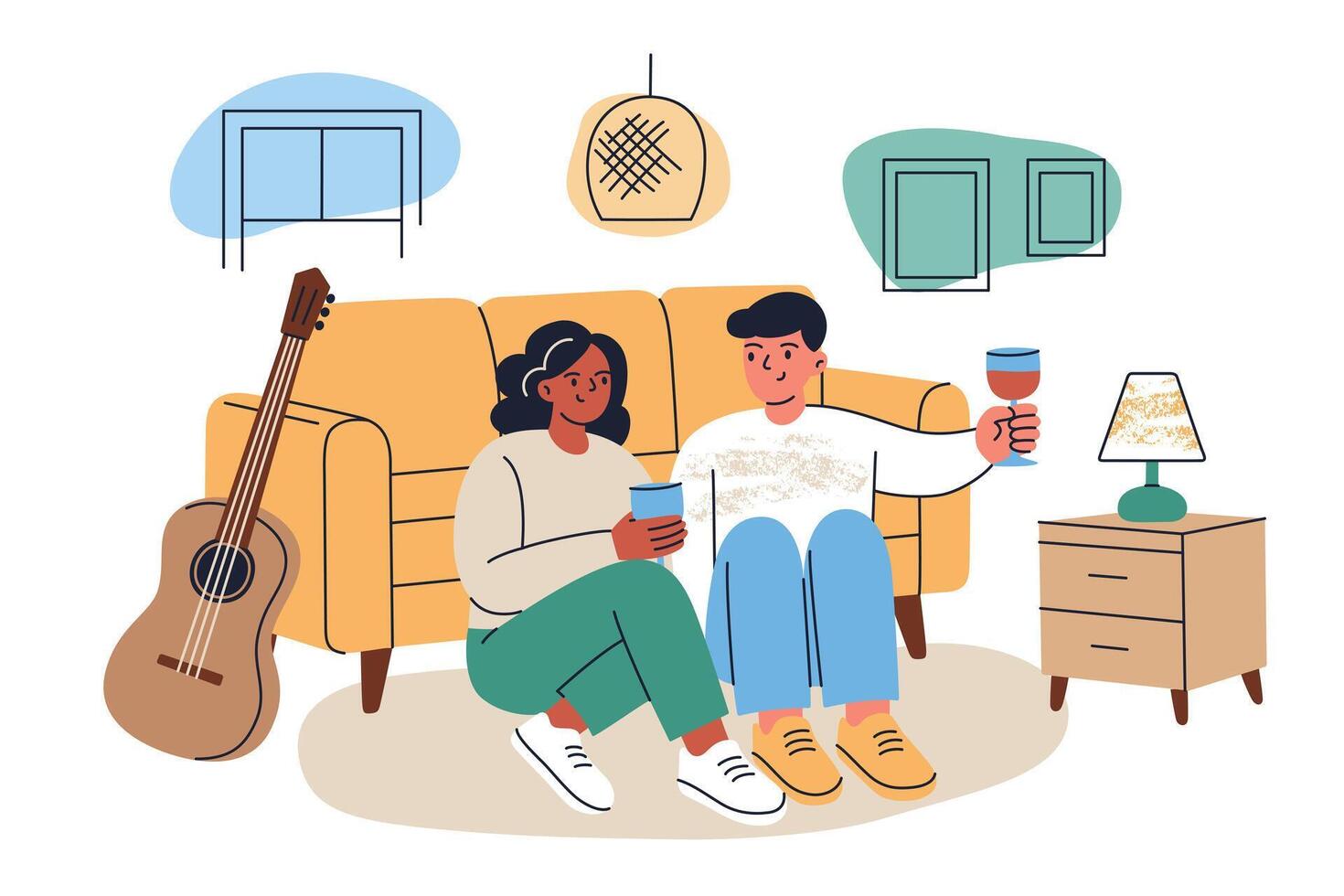 illustration of couple relaxing on floor in cozy living room interior. Romantic date, quality time, family rest, weekend leisure, peaceful mood, cartoon man and woman with wine vector