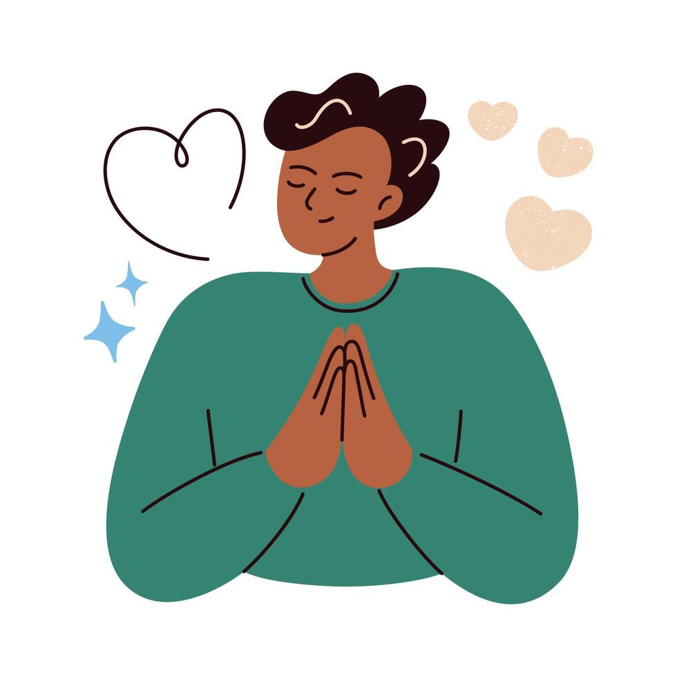 Flat cartoon illustration of man with hands in gratitude pose. Calm male character practicing mindfulness, meditation, emotional awareness. Concept for wellness, self care, mental health themes vector