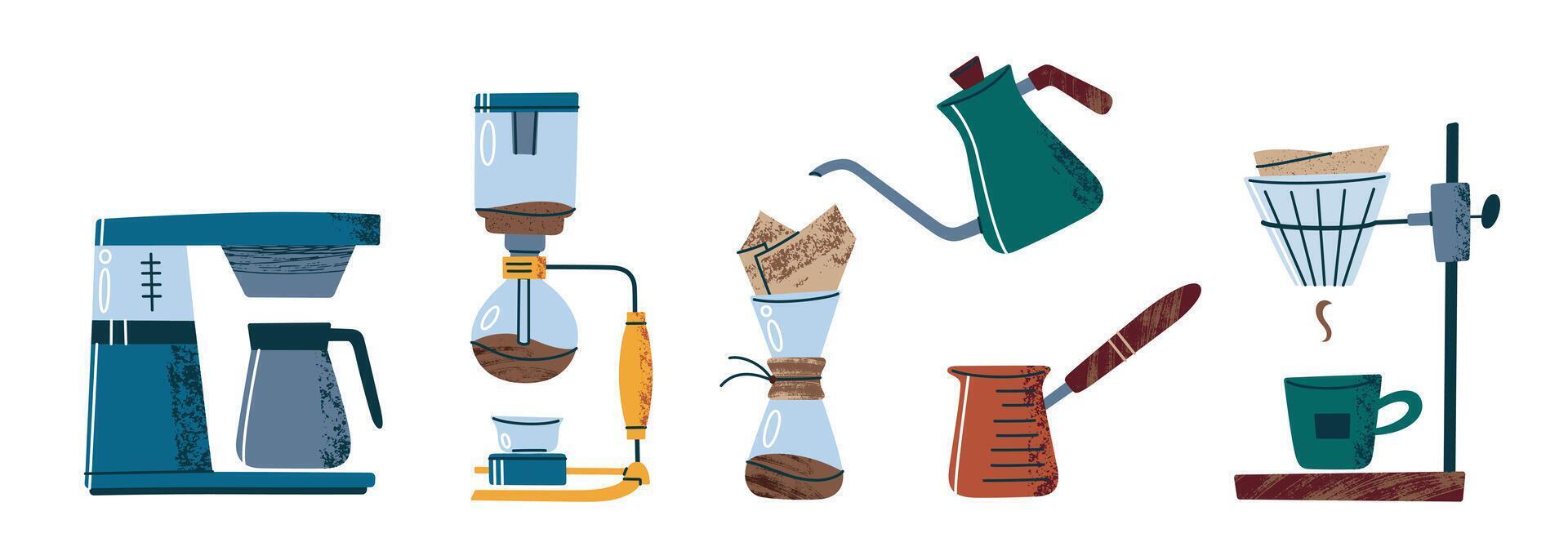 illustration set of coffee brewing methods in flat cartoon style. Home and cafe equipment collection for barista tools, manual coffee making, hot drink preparation, barista kitchen design icons vector