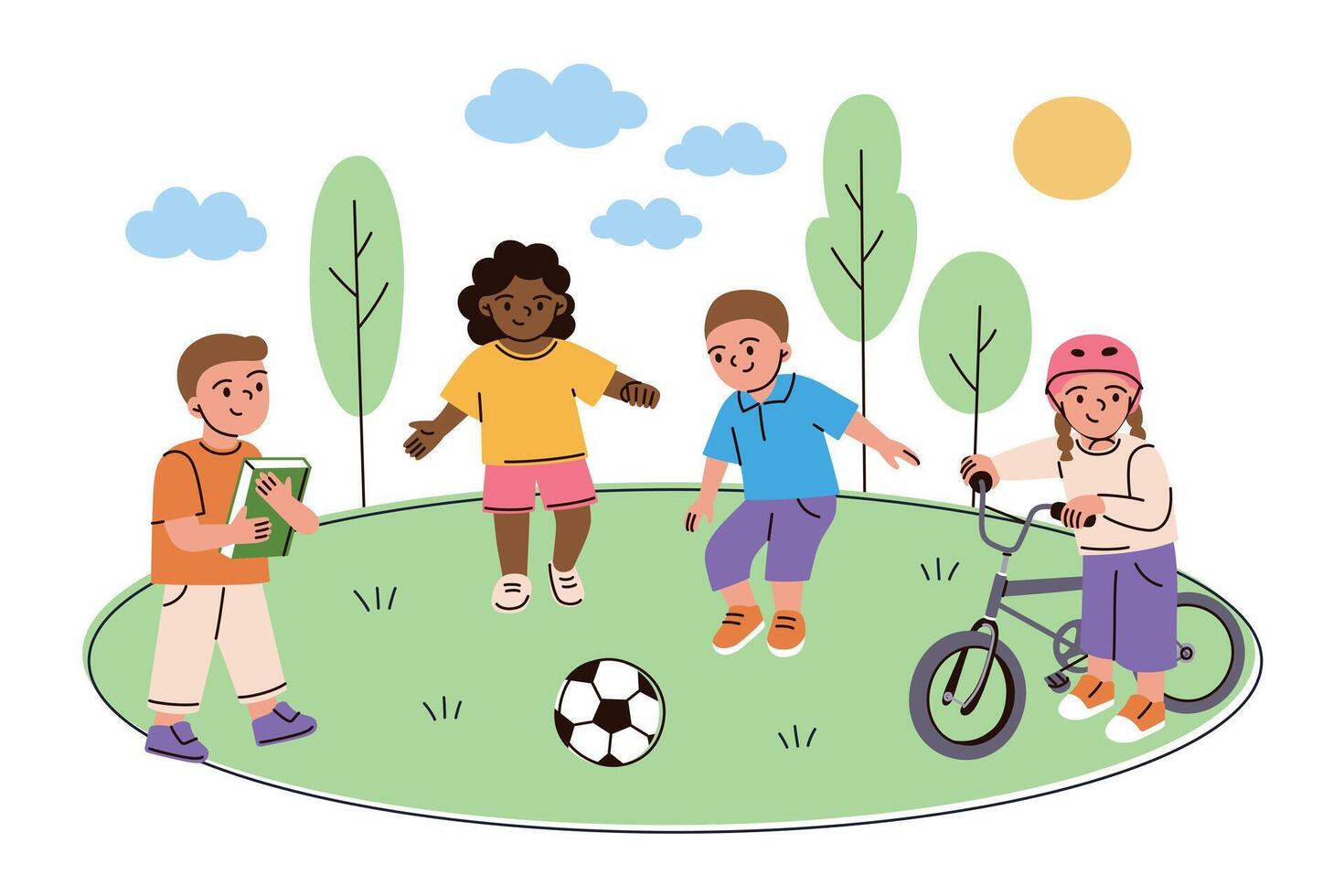 Flat cartoon illustration of kids playing outdoors in park. Children riding bikes, boy and girl playing football outside. Urban playground scene for education, healthy activity themes vector