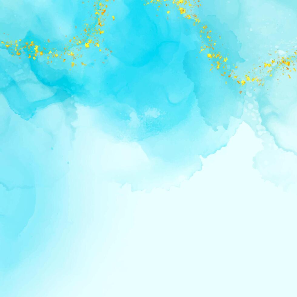 Hand painted teal coloured alcohol ink background with gold glitter elements vector