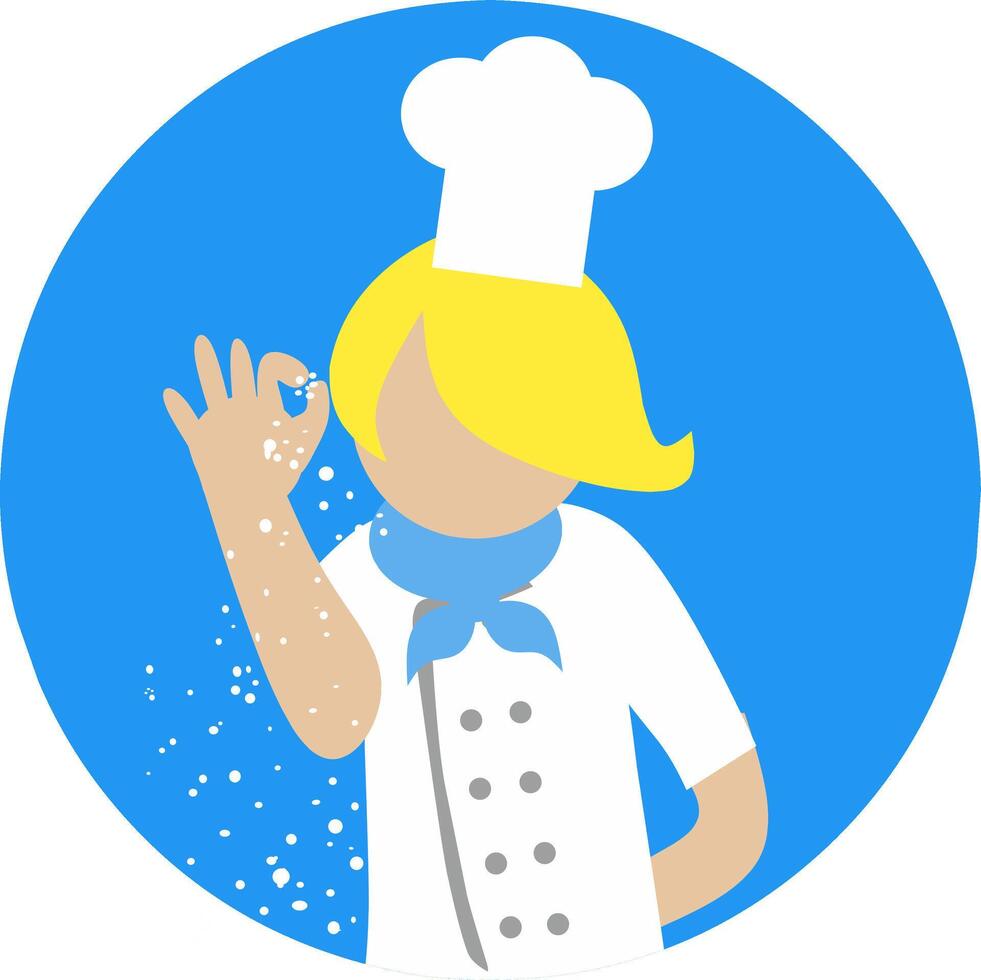 Cartoon Illustration of a chef seasoning a dish just like salted bae in circle round blue background. This image is perfect for cooking school purposes vector