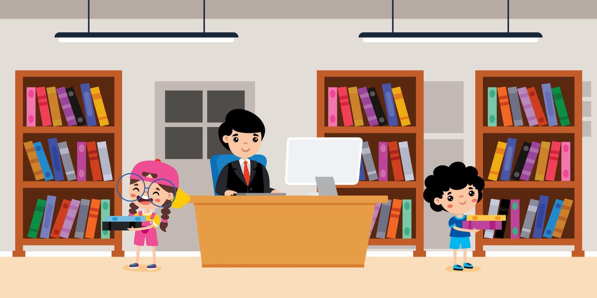 Kids in a library engaged with books vector