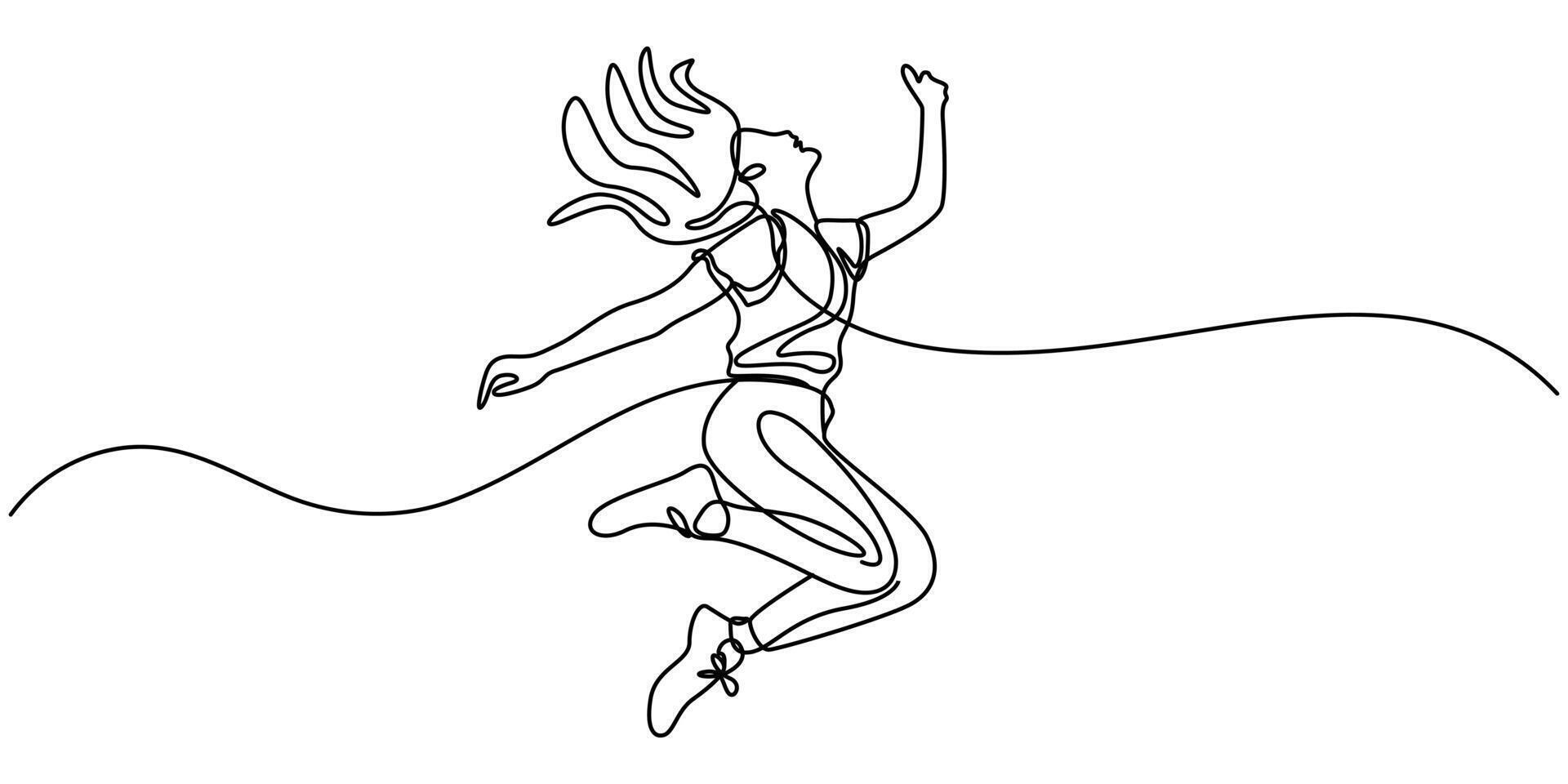 Happy jumping woman continuous one line drawing illustration vector
